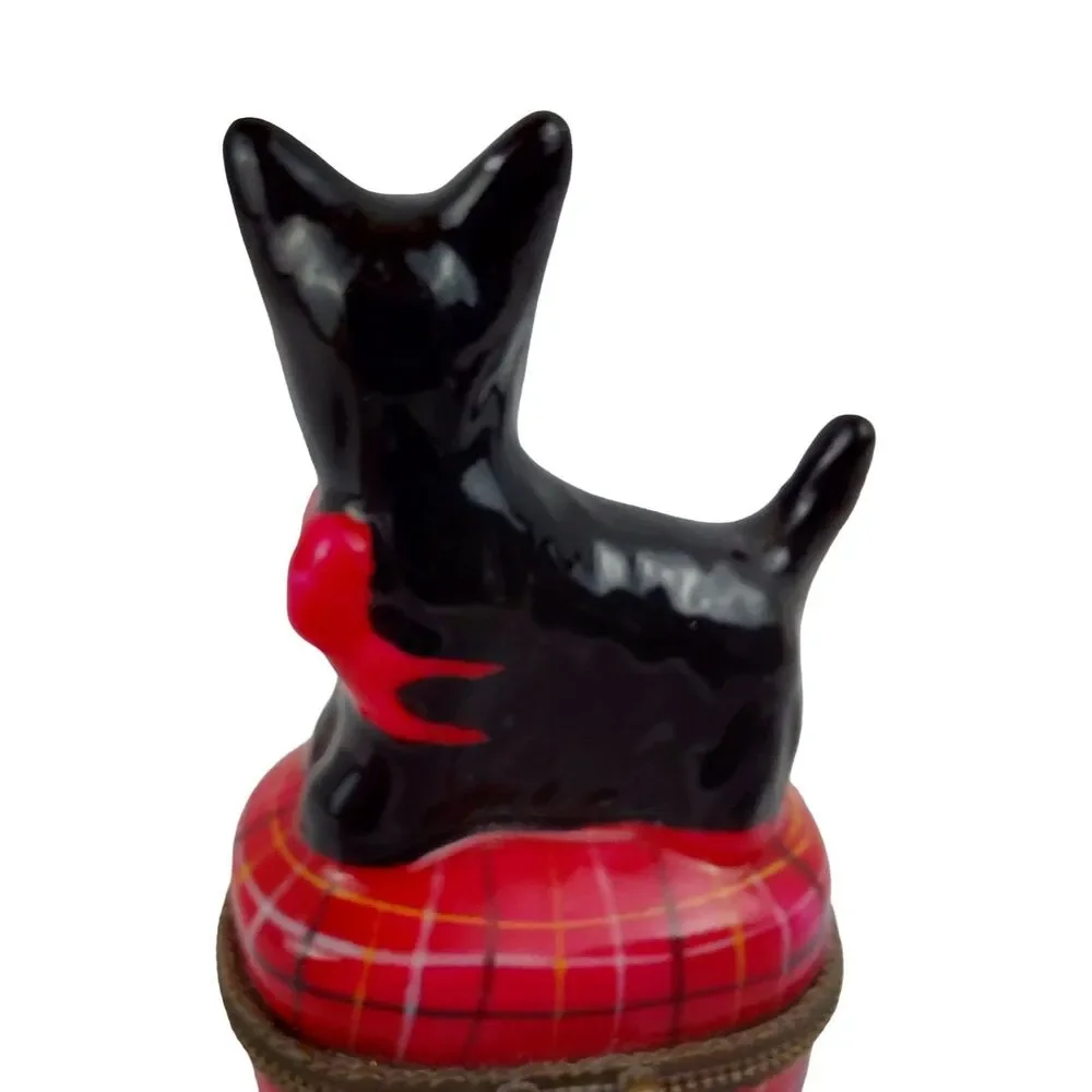 Scottie Scottish Terrier Dog On Red Pillow Porcelain Brass Trinket Box